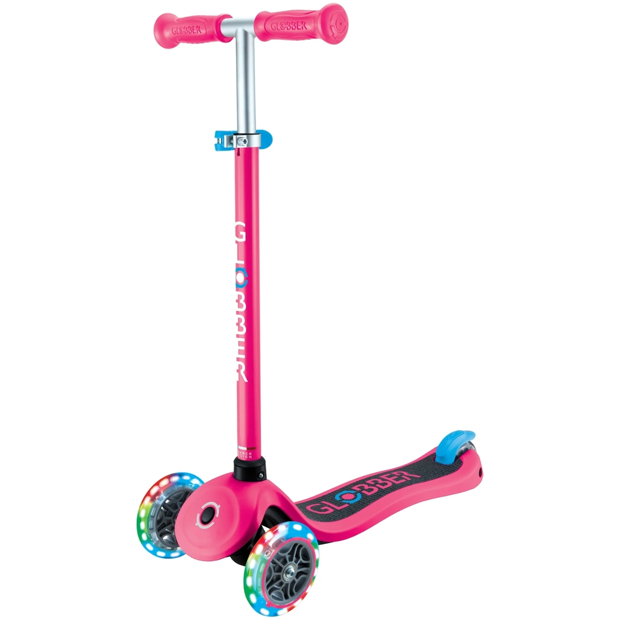 Globber Primo V2 3-Wheel Scooter with Light-Up Wheels and Griptape Fuchsia Pink / Sky Blue - Image 4