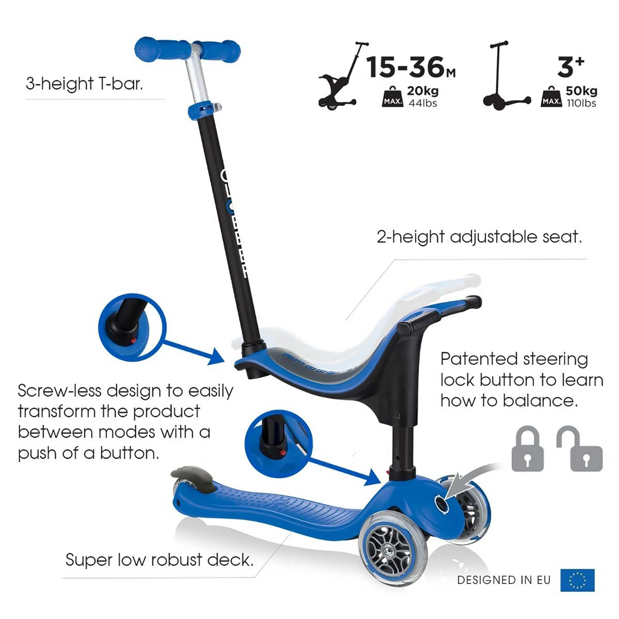 Globber Go Up Sporty Kids Scooter Navy Blue - Image 4