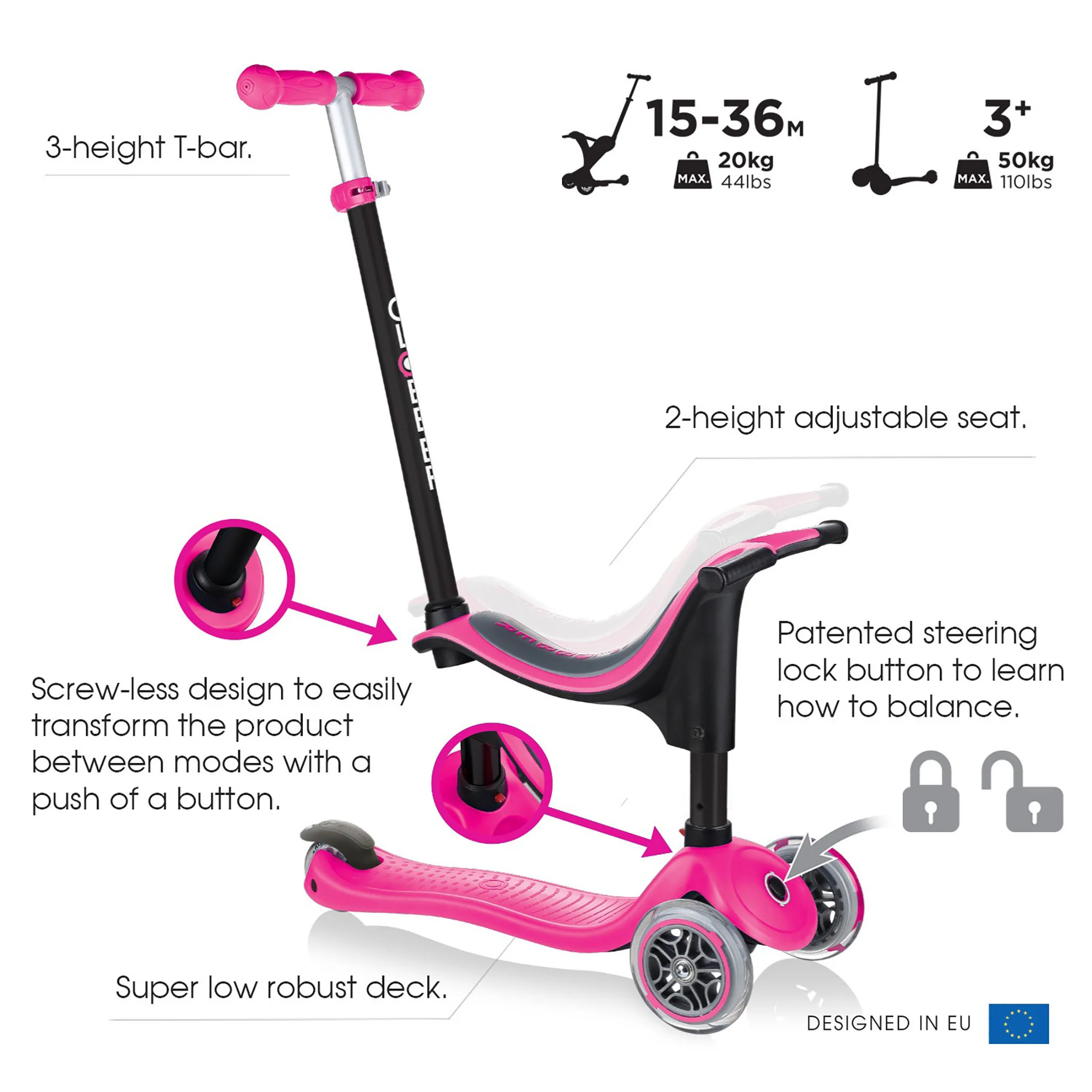 Globber Kids Go Up Sporty Convertible Scooter Deep Pink - Image 4